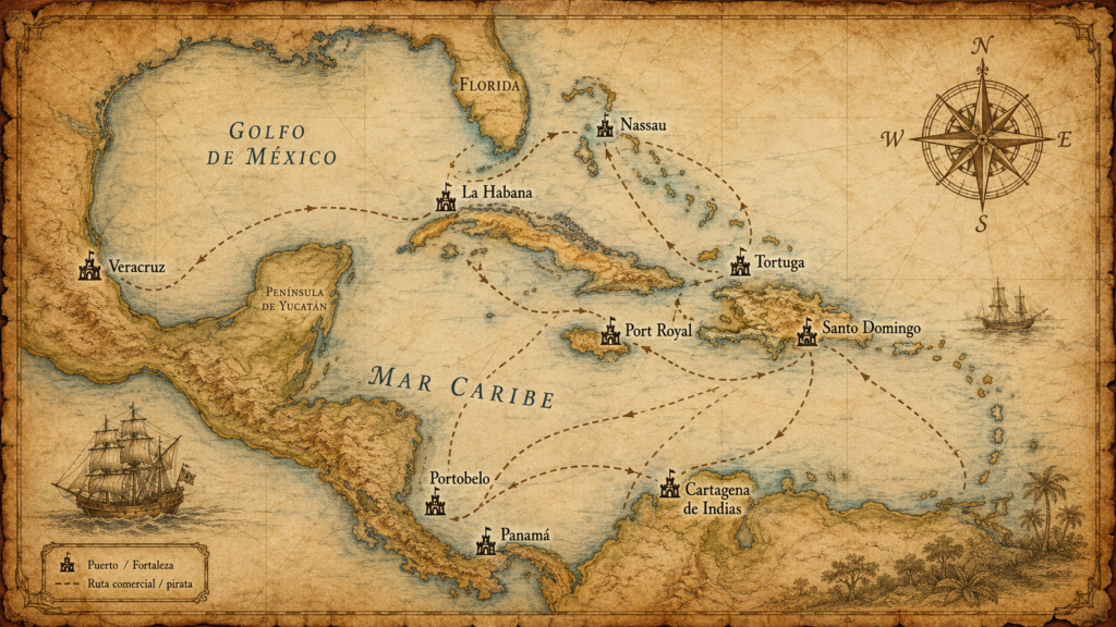Mapa de puertos y ciudades relacionados a la pirateria en el caribe