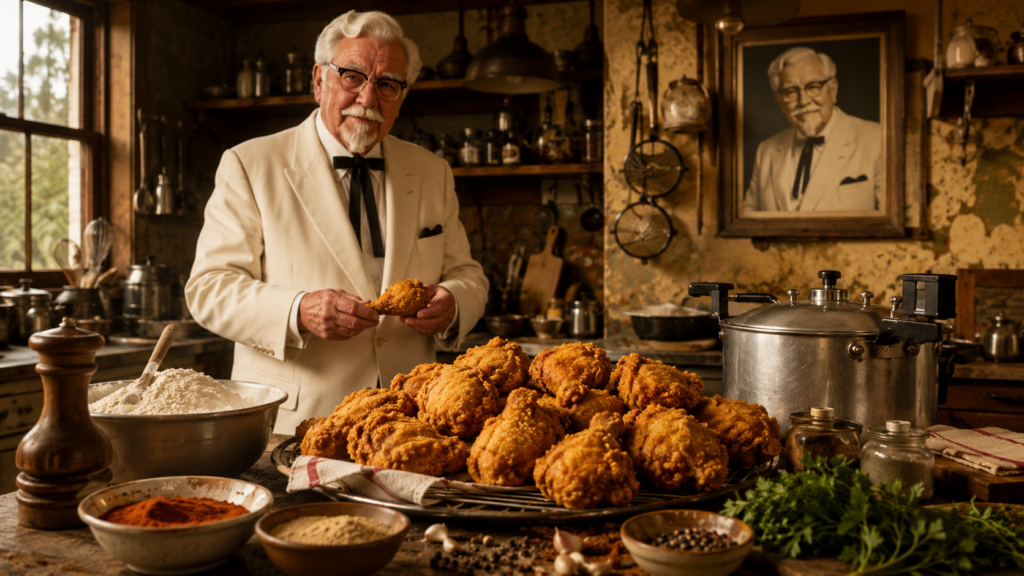 El Coronel Sander preparando la receta de pollo frito de KFC