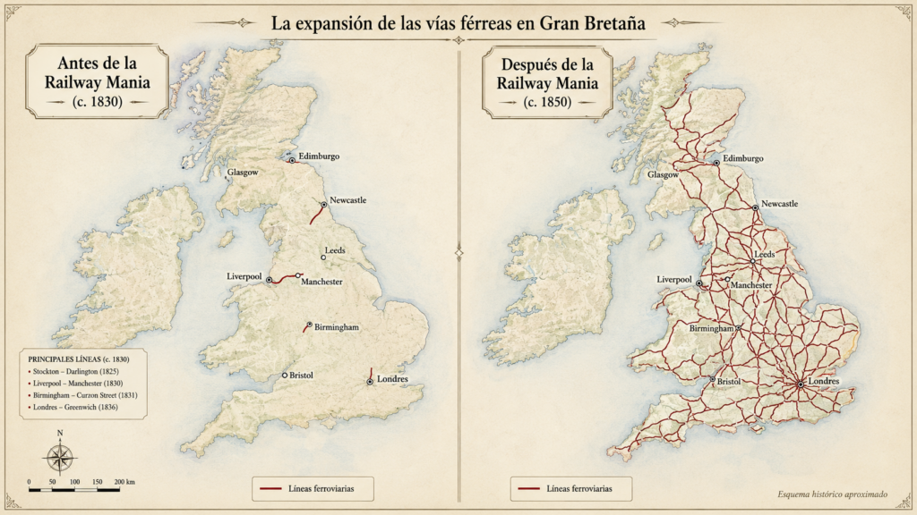 Mapa de vias ferreas antes y despues de la Railway Mania